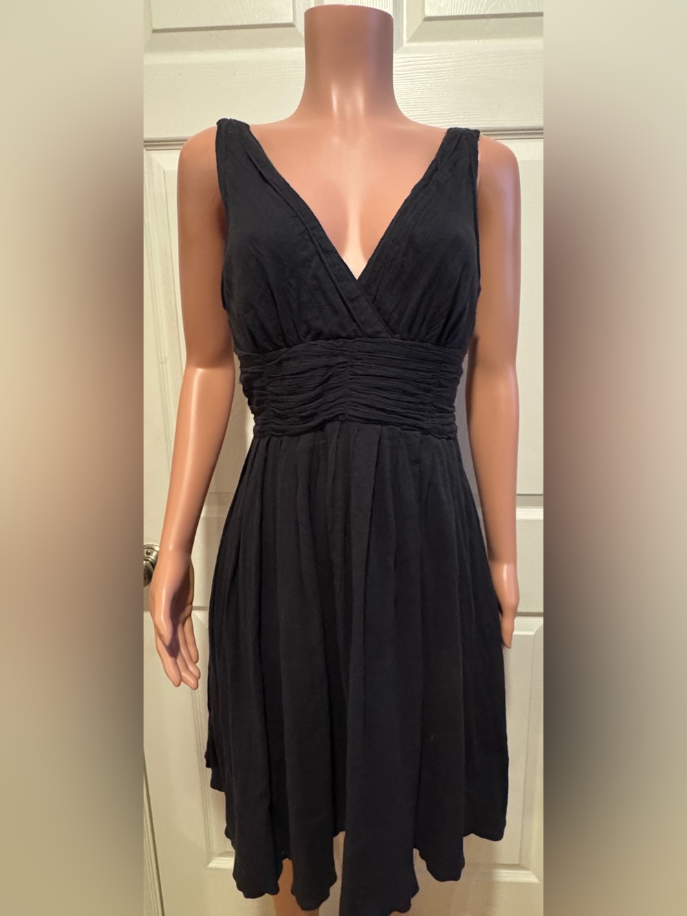 Marc Jacobs Black Sleeveless V-Neck Dress with Ruched Waist 100% Cotton